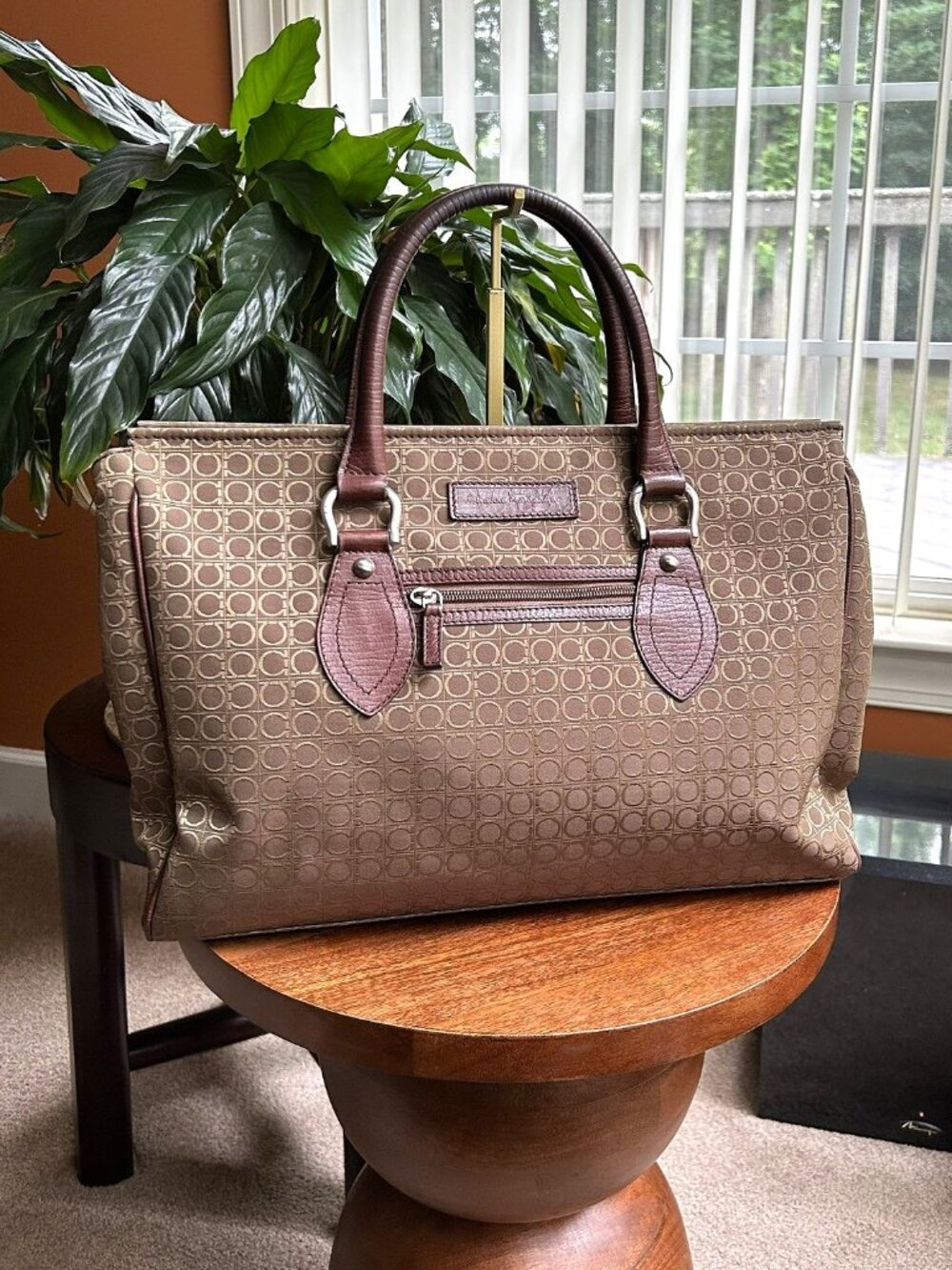 SALVATORE FERRAGAMO Gancini Canvas and Leather Tote Bag, Taupe Brown